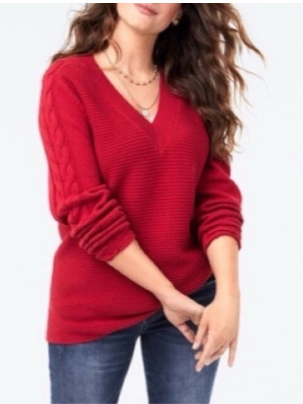 CAbi Bright Red V-Neck Cable Sleeve Sweater - Picture 5 of 5